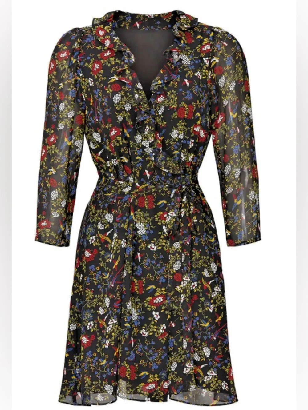 Madewell Hummingbird Floral True Wrap Dress Sheer Sleeve whimsical XS NWT